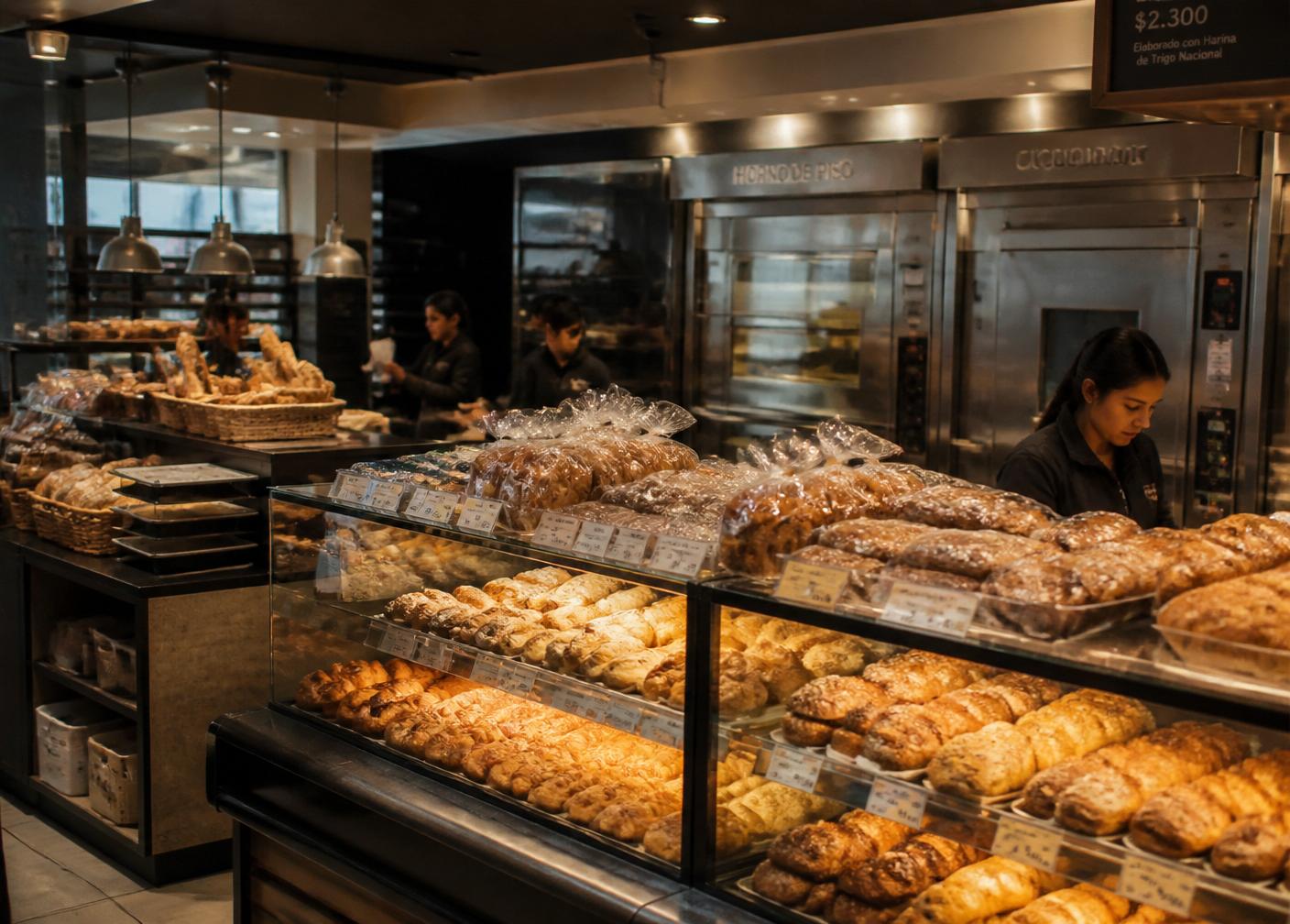 Panadería o pastelería con hornos y vitrinas en operación